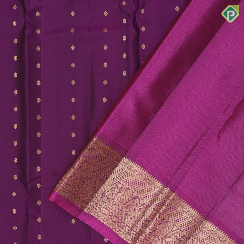 Purple Gold Zari Peacock Butta Design Pink Colour Peacock Border Design Pure Mix Silk Saree