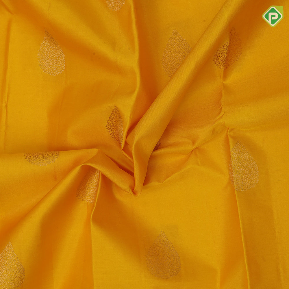 Mango yellow gold zari thilagam butta design violet gold zari mayikan border traditional silk saree