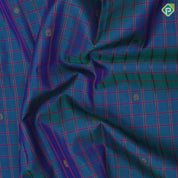 Peacock blue gold zari thread Checks and butta motifs contrast purple plain border traditional silk saree