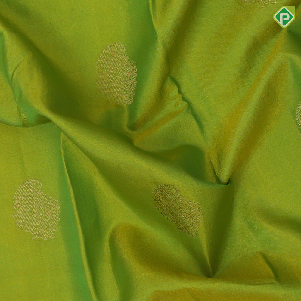 Apple Green Gold Zari Mango Motif Design Purple Peacock Border Design Traditional Silk Saree