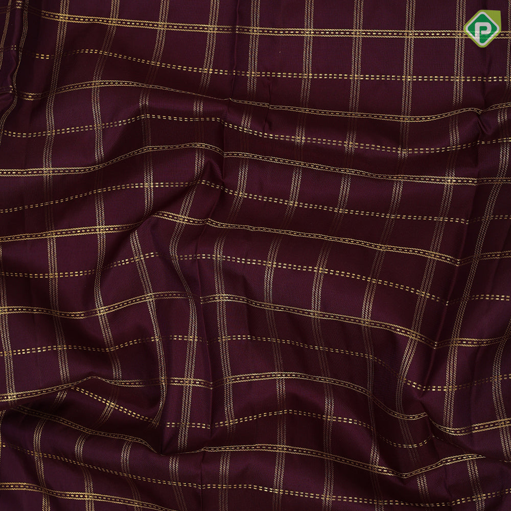 Plum burgundy gold zari checks window panel design self gold zari reta pett border traditional silk saree