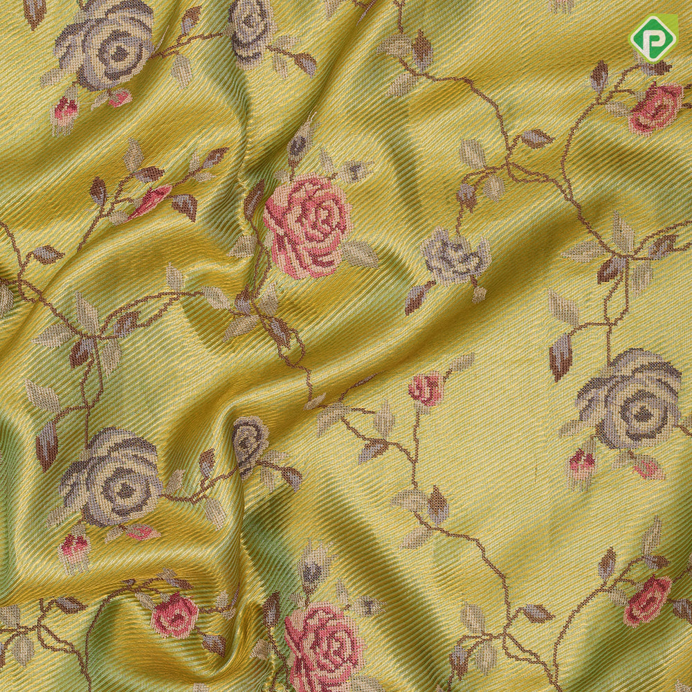 Lavender base gold zari with silk thread floral embroidered design plain gold zari zig zag border embroidery silk saree