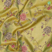 Lavender base gold zari with silk thread floral embroidered design plain gold zari zig zag border embroidery silk saree