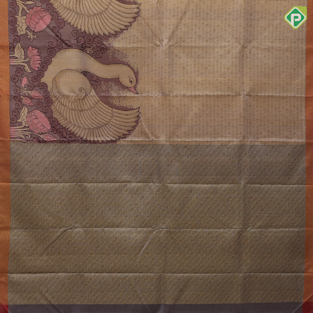 Cream base multicolor swimming duck in waterpot rust color gold zari tissue border contemporary silk saree