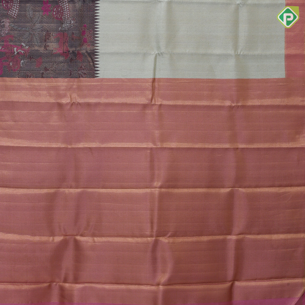 Tea green gold zari plain tissue weaved grape grey base village effect pythonic design long border signature edition silk saree