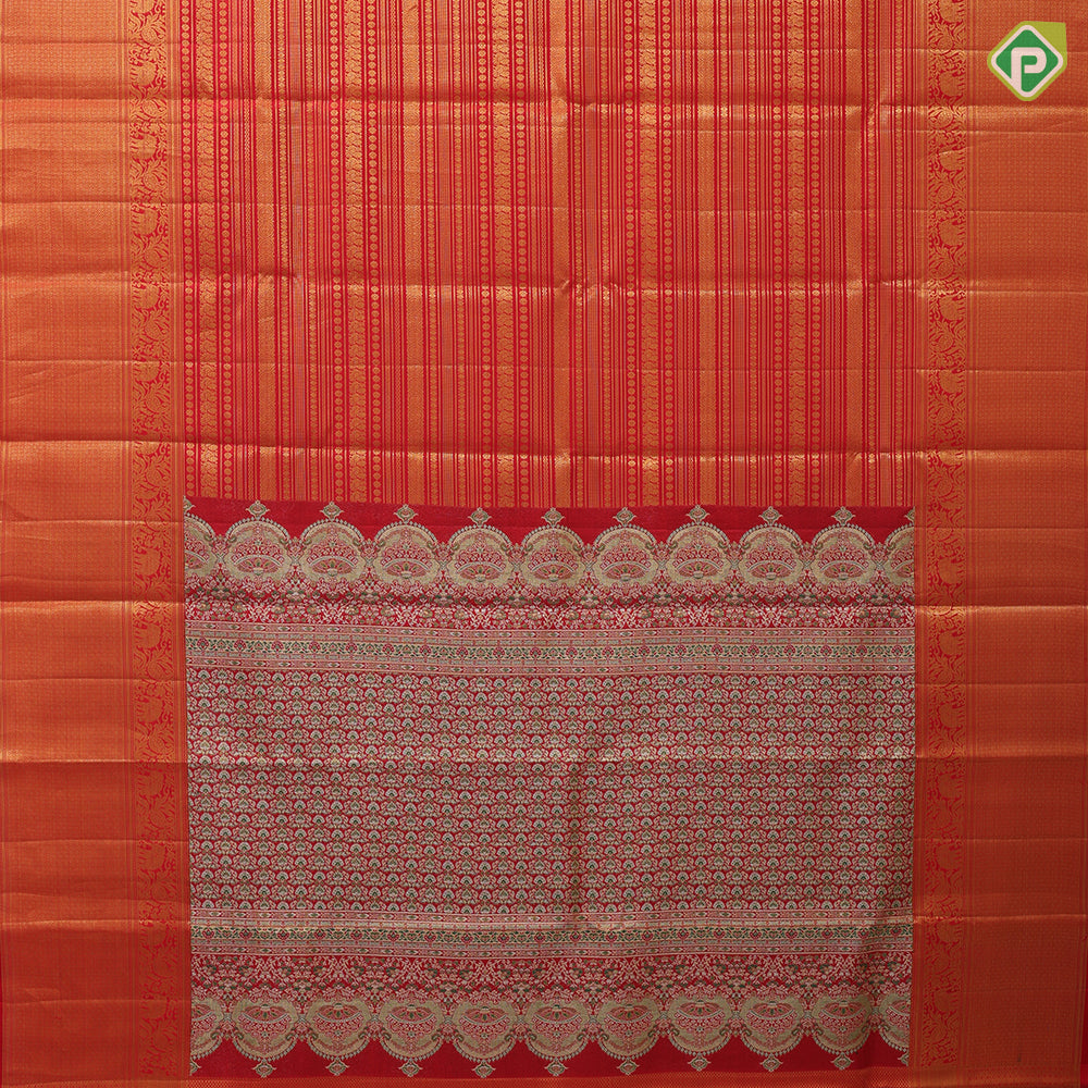 Tomato red gold zari self designed velthari design self gold zari mayikan border traditional silk saree