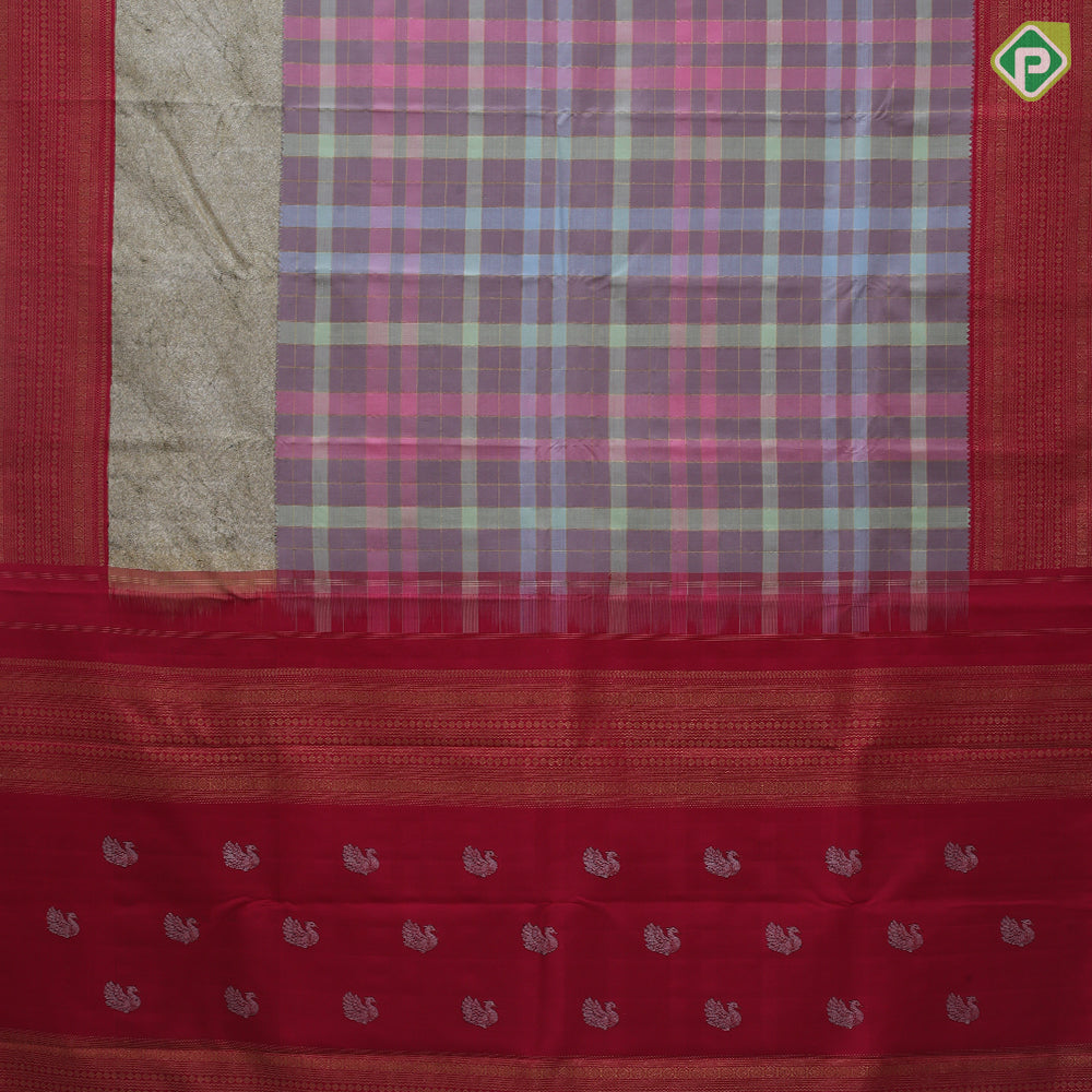 Multi color gold zari padded checkered design marble design and red gold zari multi lines border signature silk saree