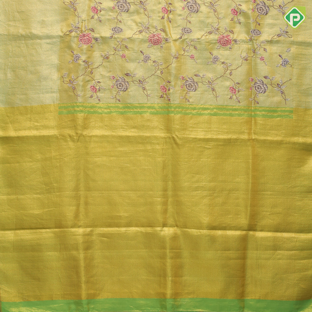 Lavender base gold zari with silk thread floral embroidered design plain gold zari zig zag border embroidery silk saree