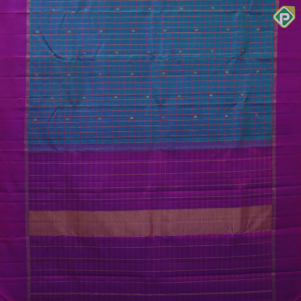 Peacock blue gold zari thread Checks and butta motifs contrast purple plain border traditional silk saree