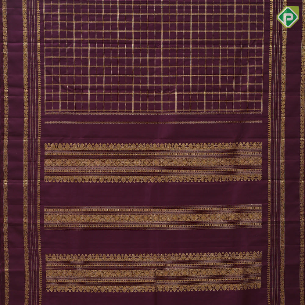 Plum burgundy gold zari checks window panel design self gold zari reta pett border traditional silk saree