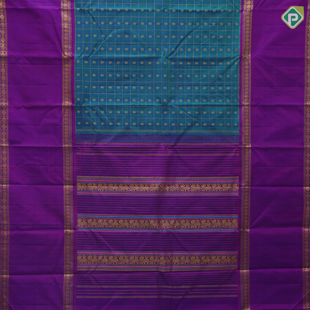 Peacock Blue Gold Zari Flower Checks Butta Design Magenta Mango Ruthracham Border Design Traditional Silk Saree