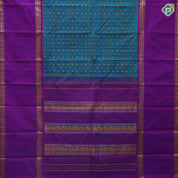 Peacock Blue Gold Zari Flower Checks Butta Design Magenta Mango Ruthracham Border Design Traditional Silk Saree