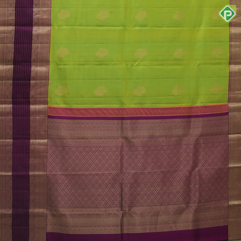 Apple Green Gold Zari Mango Motif Design Purple Peacock Border Design Traditional Silk Saree
