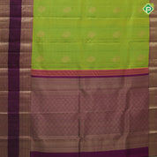 Apple Green Gold Zari Mango Motif Design Purple Peacock Border Design Traditional Silk Saree