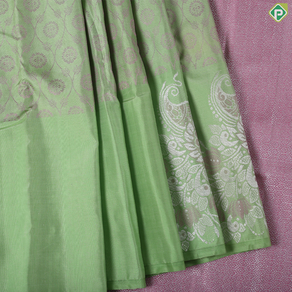 Pista green pink grand floral thread work design self silver zari meena work border trendy silk saree