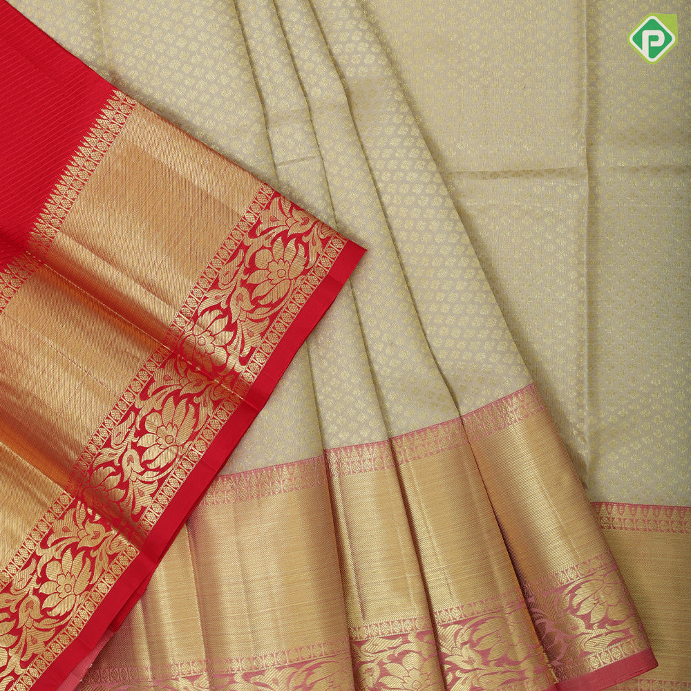 Khaki gold zari brocade floral design red gold zari rangoli and bavanji border pattu paavadai Lehanka
