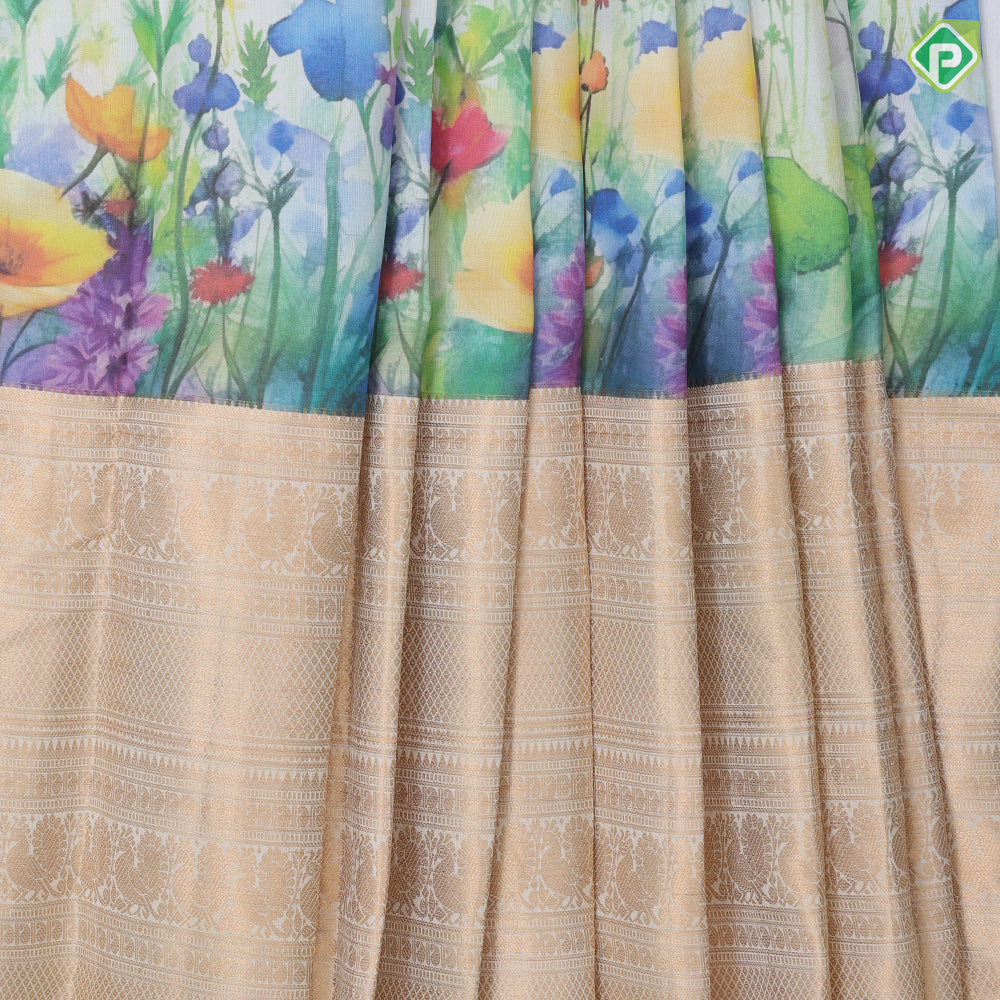 Milk white multi color kalamkari printed design self gold zari multi butta lines border pattu paavadai lehanka