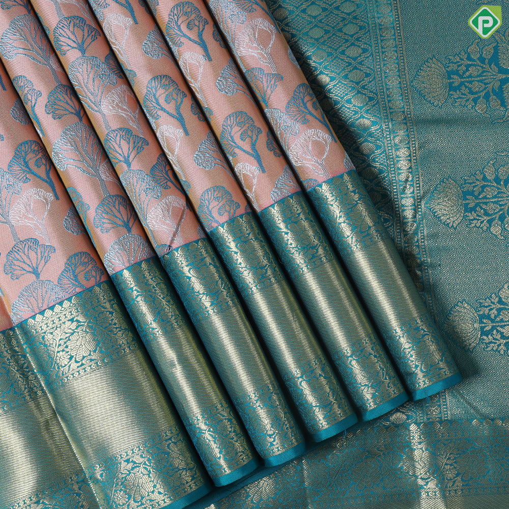 Orangish Pink With Gold Zari Floral Retta Pet Border Trendy Design Saree