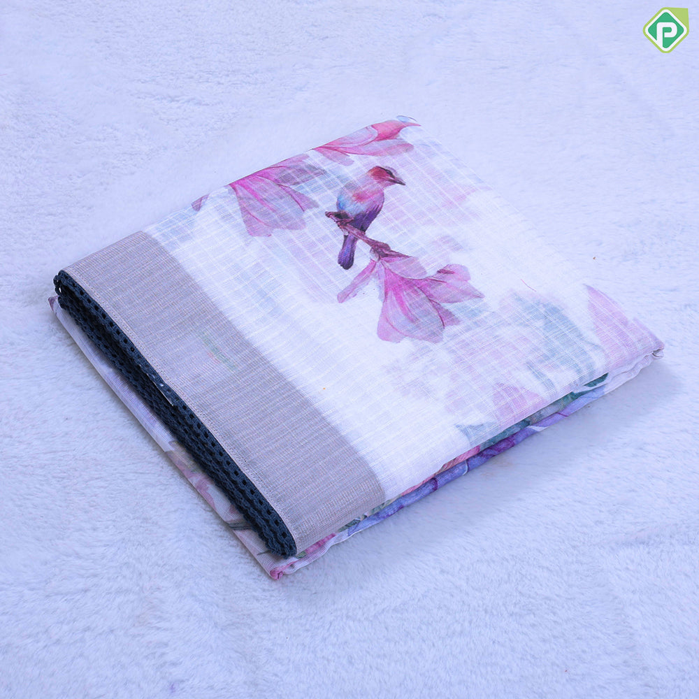 White base self checks multi color flowers and sparrow design silver zari grey cur work border fancy cotton saree