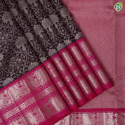 Walnut copper zari meena work grand creeper design rose pink silver zari peacock butta lines border grand bridal silk saree