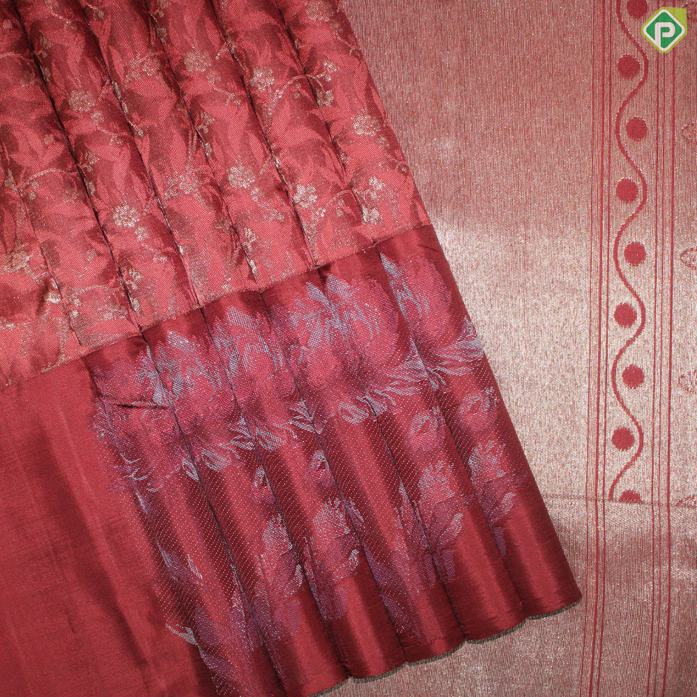 Maroon Color Silver Zari Floral Design With Big Flower Motif Border Fancy Trendy Silk Saree