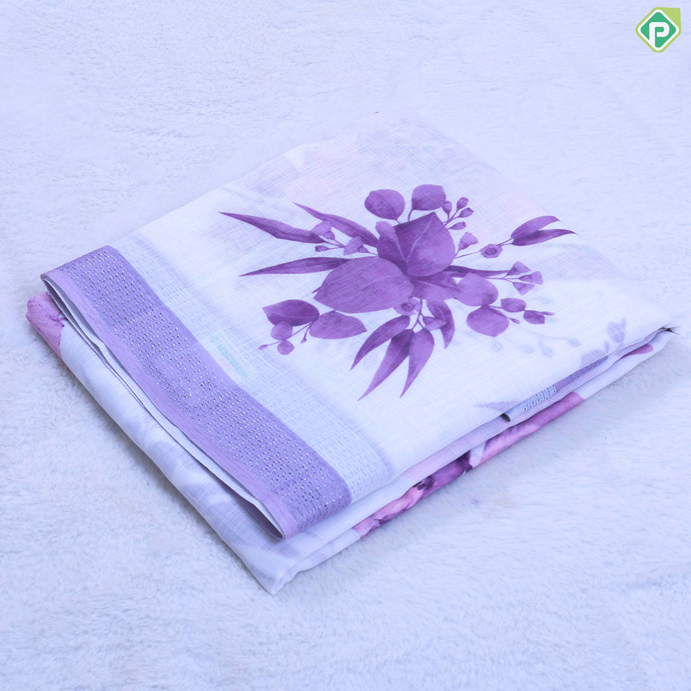 White base Lavender big flowers design lavender with silver zari border linen cotton fancy saree