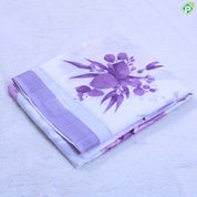 White base Lavender big flowers design lavender with silver zari border linen cotton fancy saree