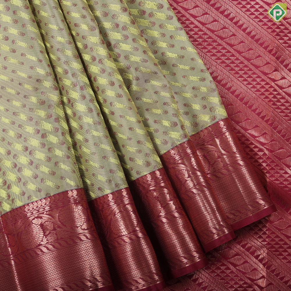 Marble blue pink combined cross bars design pink copper zari rangoli border trendy silk saree