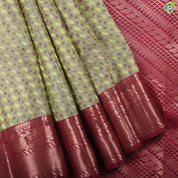 Marble blue pink combined cross bars design pink copper zari rangoli border trendy silk saree