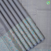 Blueish grey gold zari vairaoosi checks design self silver gold zari banaras style border fusion silk saree