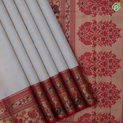 Cream White Gold Zari Flower Motif Red Colour Paithani Border Design Traditional Silk Saree