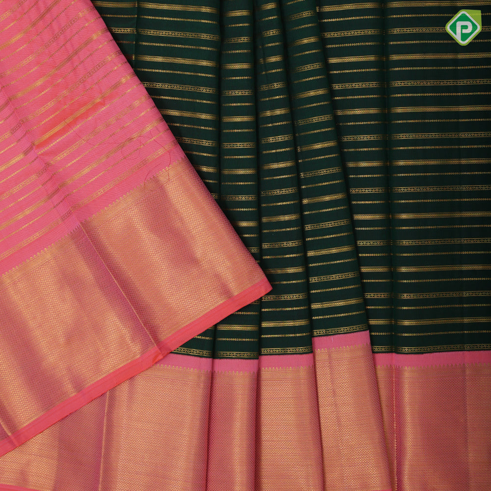 Bottle green gold zari track lines design orangish pink gold zari diamond design pattu paavadai lehanka