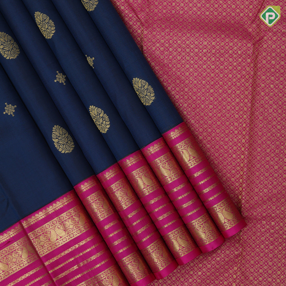 Midnight blue gold zari thilagam butta design rose pink gold zari mango design butta lines border gift silk saree