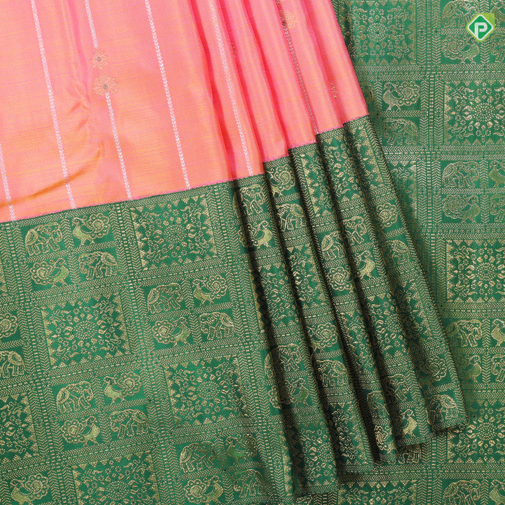 Peach Pink silver gold zari beads design Contrast green koorvai border pastel traditional Silk Saree