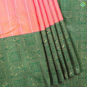 Peach Pink silver gold zari beads design Contrast green koorvai border pastel traditional Silk Saree