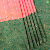 Peach Pink silver gold zari beads design Contrast green koorvai border pastel traditional Silk Saree