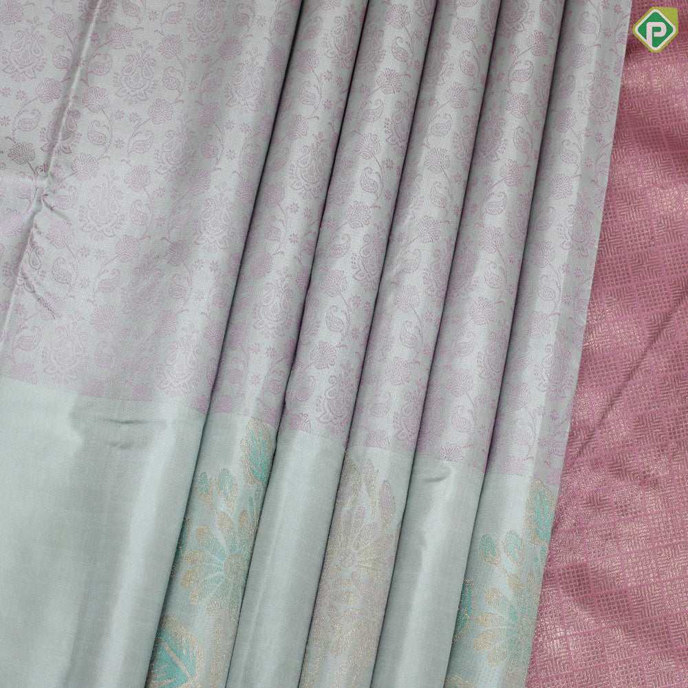 Peach green Thread Baby Pink Floral Design With Big Flower Border Design Trendy Silk Saree