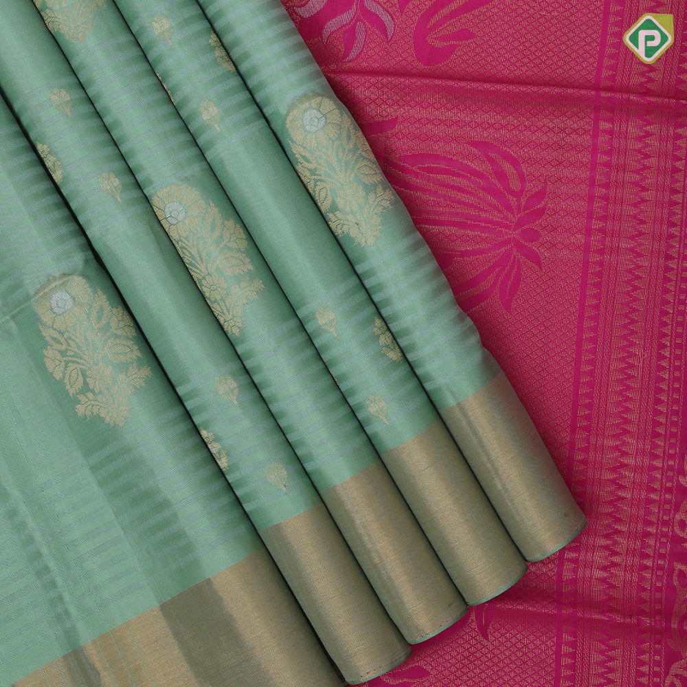 Purple blue gold zari flower bunch design contrast pallu and gold zari border soft silk saree