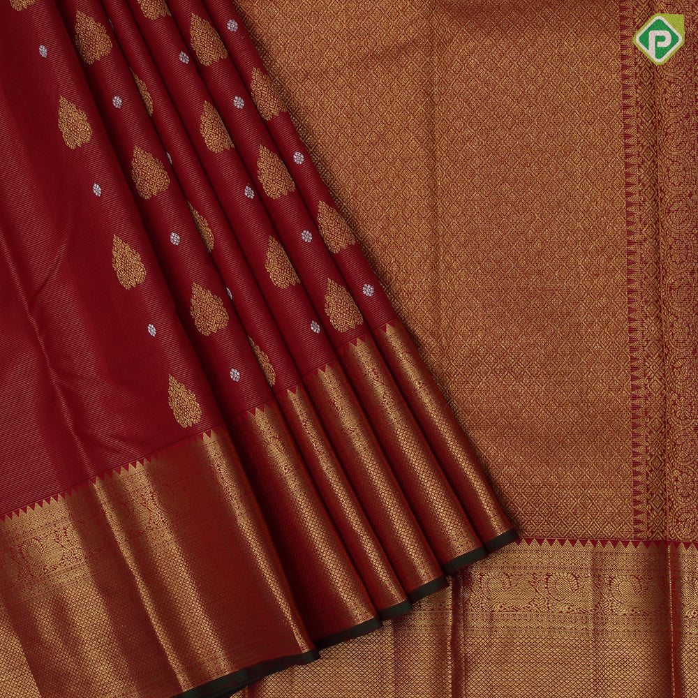 Cherry red gold zari thilagam butta vairaoosi self gold zari diamond design border koorai silk saree