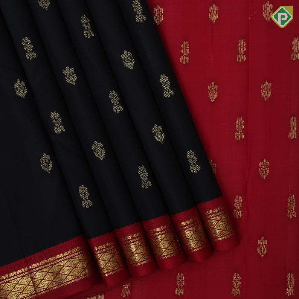 Black gold zari fancy flower butta body design Rani red gold zari diamond border one side silk saree