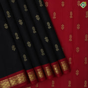Black gold zari fancy flower butta body design Rani red gold zari diamond border one side silk saree