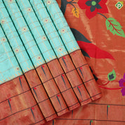 Pista green gold zari double checkered design orange pythonic border banaras silk saree