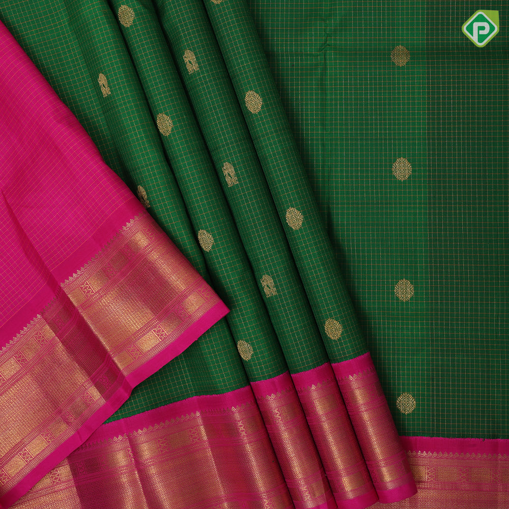 Forest green gold zari annam chakkaram butta rose pink god zari diamond design border pattu paavadai lehanka