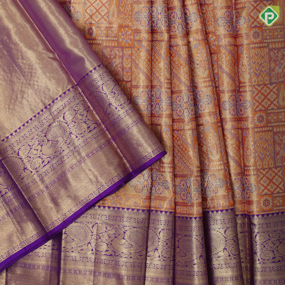 honey orange silver gold zari meena work purple blue silver gold zari peacock lines pattu paavadai lehanka