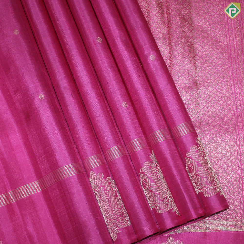 Pink Color Small Chakaram Motif With Self Border Mango Design Gold Zari Lines Traditional Silk Saree