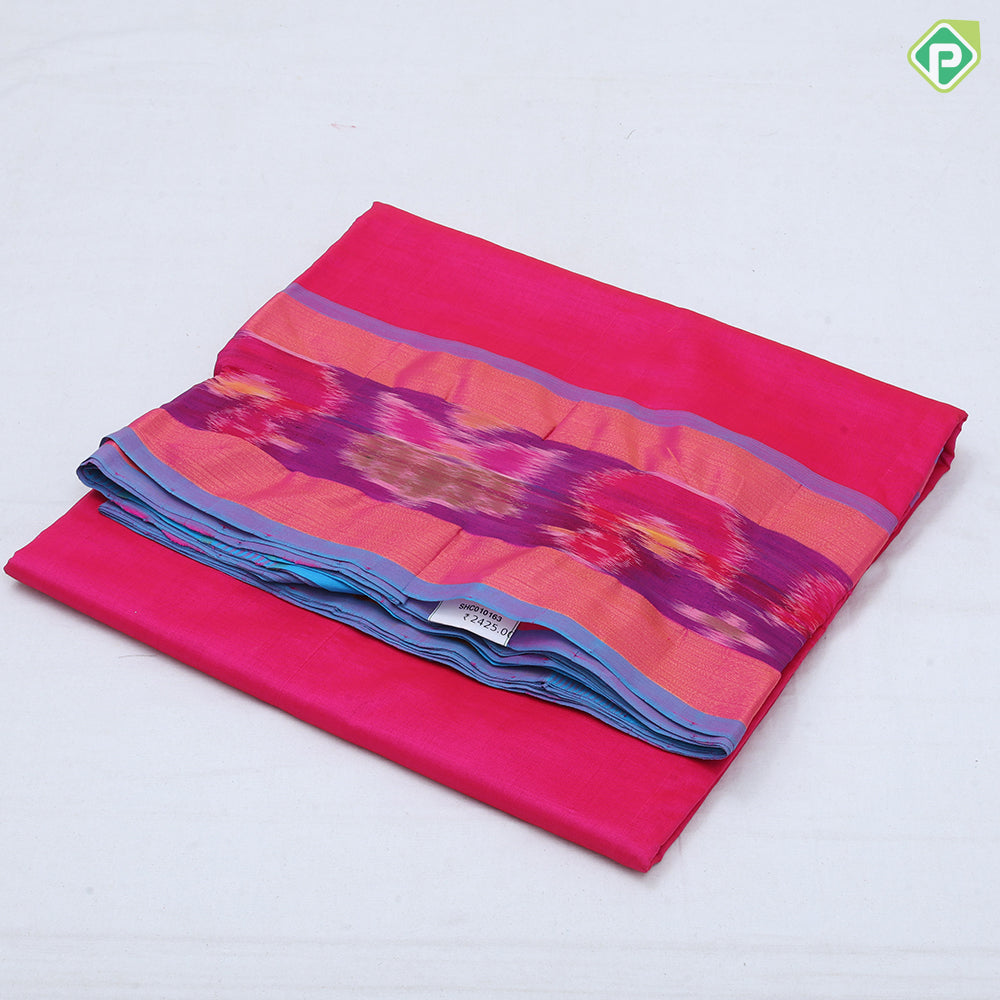 Darker Shade plain body design contrast zari padded ikkat border 10 yards silk cotton saree