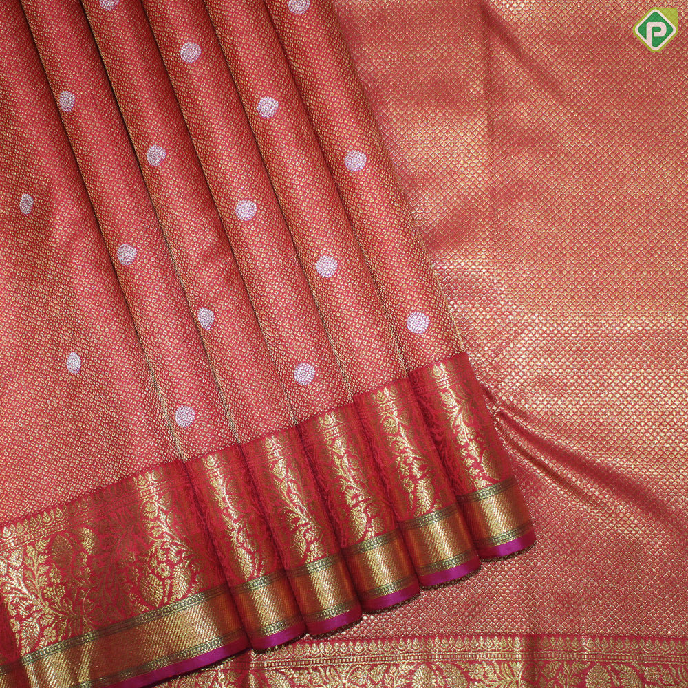 Rani Red With Gold Zari Small Circles and Silver Rudhraksham Self Colour Border Exclusive Bridal Silk Saree