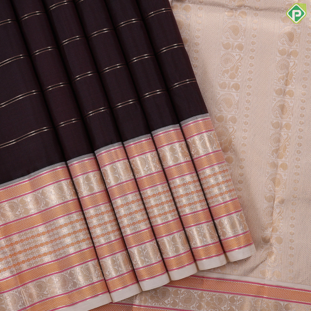 Dates brown gold zari vairaoosi lines contrast cream with multi color gold zari border traditional silk saree