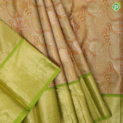Orange and green base silver gold zari fancy design leaf green gold zari rangoli border pattu paavadai lehanka