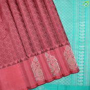 Peach Pink Thread Work Design With Mango And Thilagam Silver Border Trendy Silk Saree